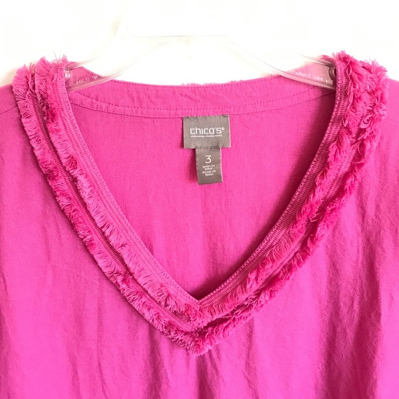 CHICO’S Pink Blouse Top Linen Blend 3/4 Sleeves Fray Trim Women’s Size XL Size 3 - Picture 3 of 16